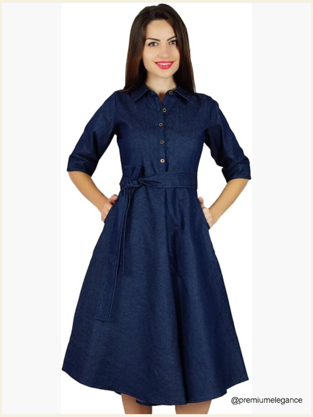 Collared A-Line Shift Dress with Belt 3/4 Sleeve Midi Length